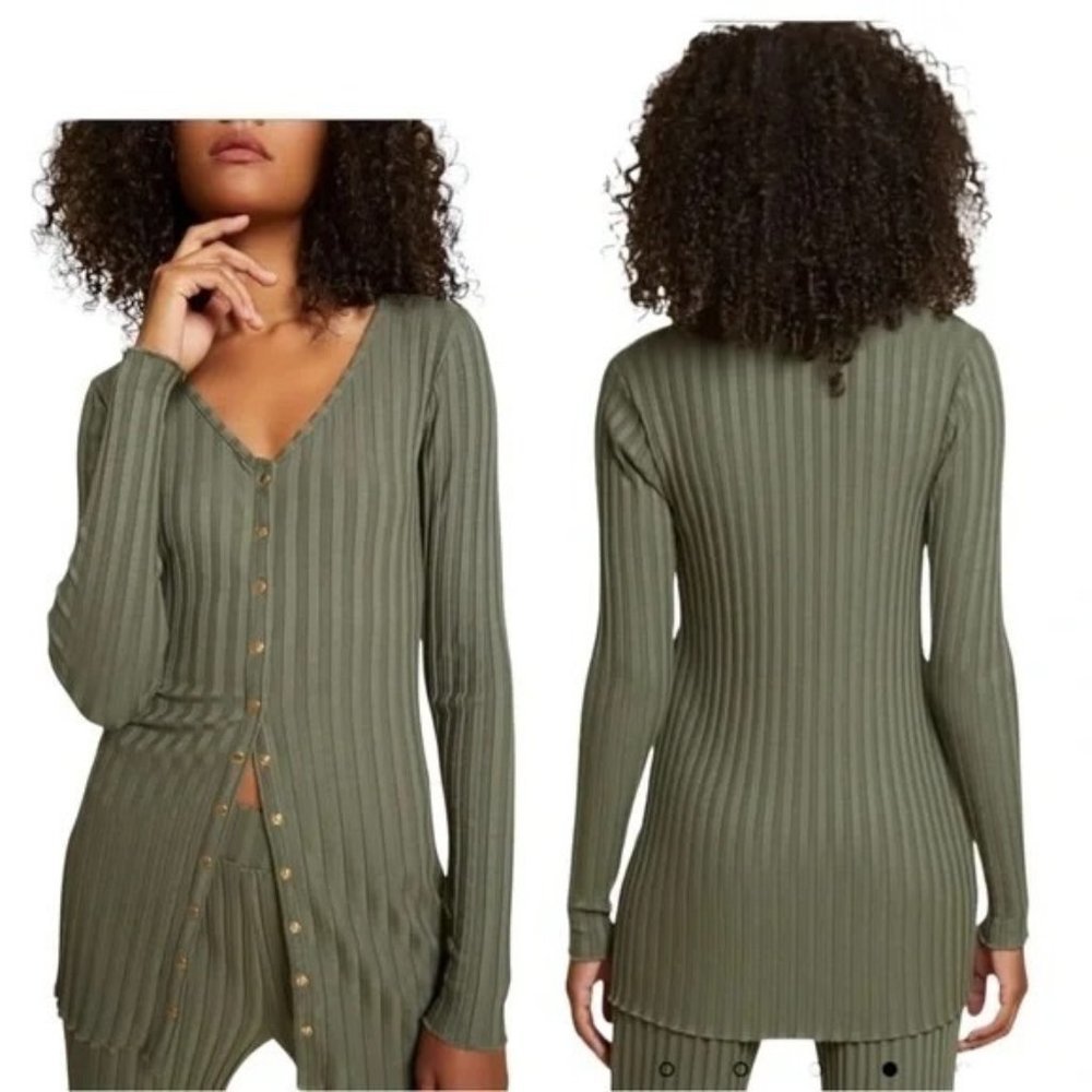 Nation LTD Mayumi Snap Button Cardigan Willow Green Ribbed Lounge Size M